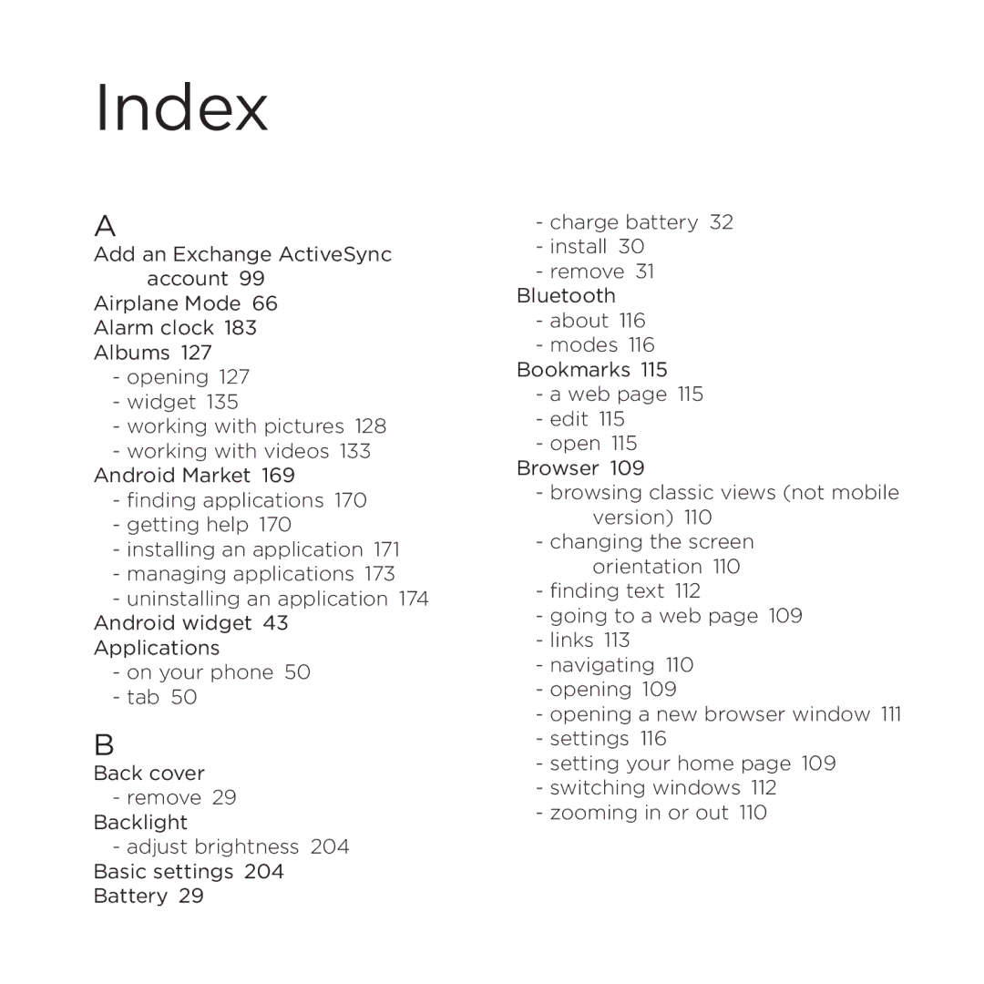 HTC PB00100 user manual Index  